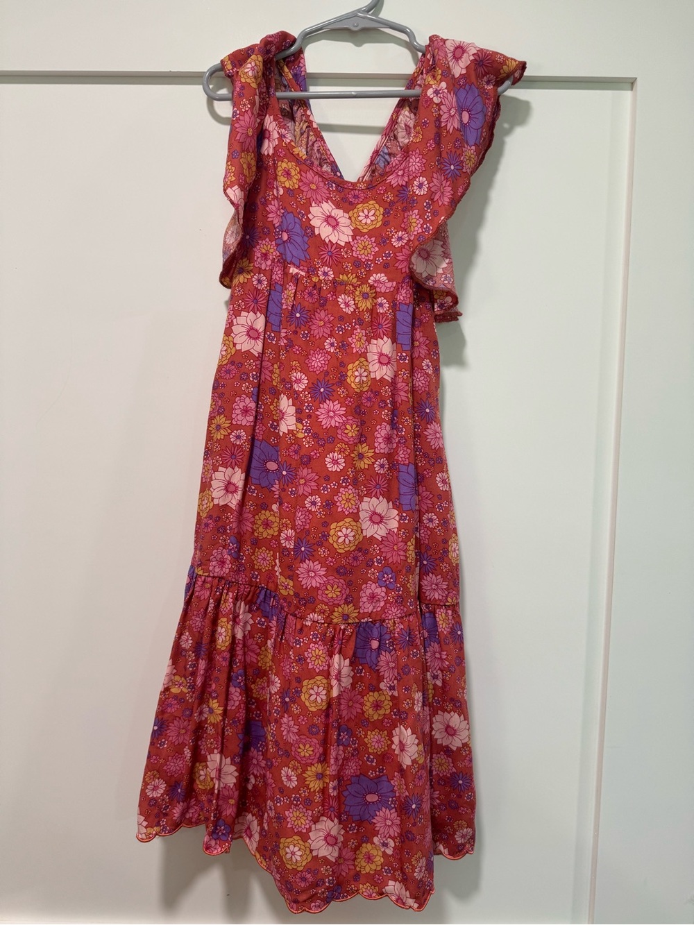 Girls' Pink Floral Midi Dress with Ruffle Shoulders